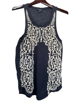 Lucky Brand Navy Tank with Cream Floral Embroidery